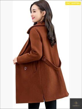 Elegant Lapel Collar Double Breasted Wool Blend Pea Coat with Belt Classic Chic